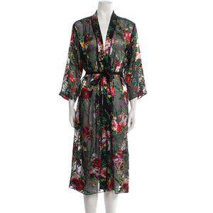 Alice + Olivia Black Floral Devore Silk Blend Kimono Robe M/L